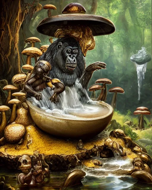 Image similar to a painting of a stream of water pouring from a biomorphic gorilla skull and producing gold liquid, in a wild mushroom fountain, bath like style, isometric views, white crystal texture , 8k