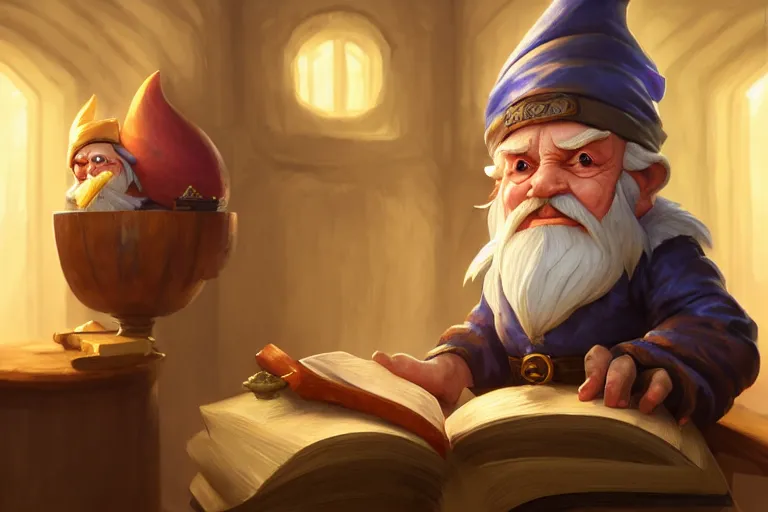 Prompt: legendary elegant gnome merchant reading book,, highly detailed, d & d, fantasy, highly detailed, digital painting, trending on artstation, concept art, sharp focus, illustration, global illumination, ray tracing, realistic shaded, art by artgerm and greg rutkowski and fuji choko and viktoria gavrilenko and hoang lap