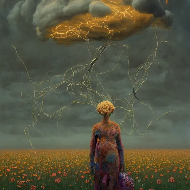 Image similar to A portrait of a woman wearing clothes made out of thunder clouds and flowers, apocalypse, silhouettes floating in the air in the background, yellow skin, Masterpiece, glowing, wires everywhere, by Edgar Maxence and Ross Tran, Zdzisław Beksiński, and Michael Whelan, distant, gustav dore, H.R. Giger, 8k, octane render