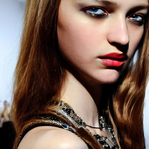 Prompt: A beautiful portrait of Daria Strokous as a model at Chanel fashion show as a model Spring/Summer 2010, highly detailed, in the style of cinematic, Milan fashion week backstage, Extreme close up, Makeup by Pat McGrath, Hair by Guido Palau