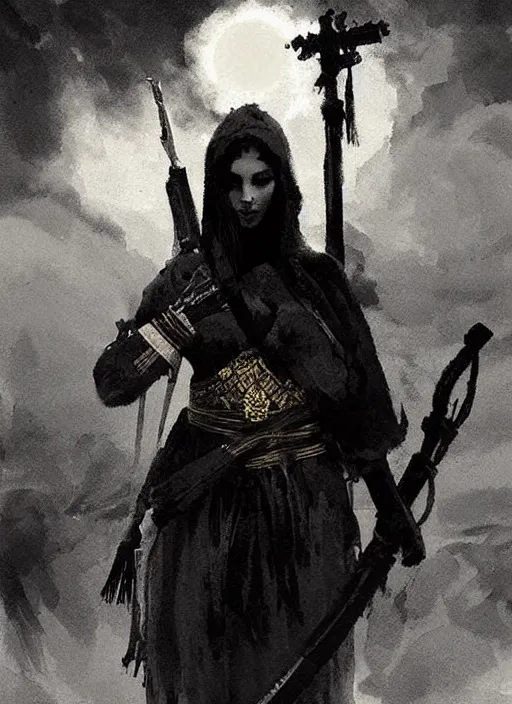 Image similar to marana slavic goddess with ak - 4 7 in arms in traditional slavic clothes : by anato finnstark kvlt by peder balke by peder balke by greg rutkowski, mystic high contrast monochromatic noir