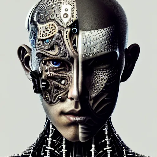 Image similar to ultra realist intricate detailed painting of a single attractive cyborg male, black scales on face and cyborg tech on body, symmetry accurate features, very intricate details, focus, high resolution, 4 k, artstyle alex ries and hiraku tanaka, award winning