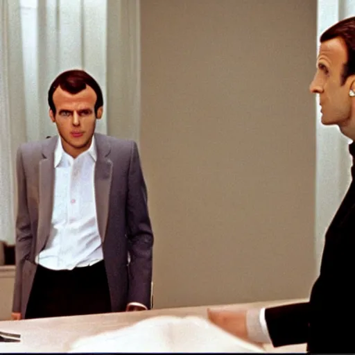 Prompt: Emmanuel Macron buzzing in American Psycho (1999)