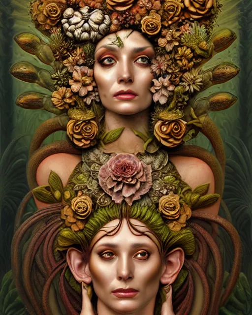 Image similar to portrait of the goddess of decay, unusual beauty, flowers and plants, emotionally evoking symbolic metaphors, head in focus, fantasy, ornamental, intricate, elegant, sensual, highly detailed digital painting, artstation, concept art, painterly, golden ratio, sharp focus, illustration, art by John William Godward and Boris Vallejo and Zdzisław Beksiński,