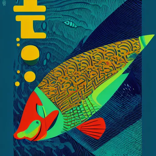 Image similar to profile of one stylized fish in center of view, dark ocean, complex patterns, artstation, intricate, realistic, highly detailed, digital painting, concept art, sharp focus, illustration by tom whalen and charles williams and kilian eng and james jean