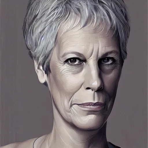 Image similar to jamie lee curtis, full body, tired, serious, intelligent, powerful, white hair, fully clothed, wise, beautiful, by stanley artgerm, soft lighting, trending on artstation, flat colour