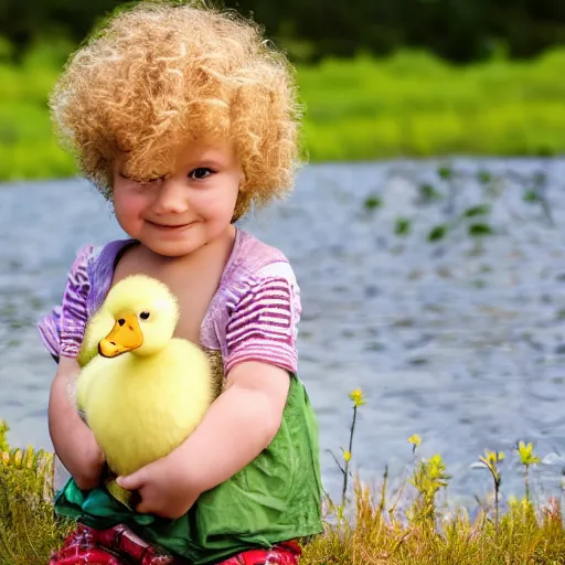 Prompt: toddler with blond curly hair holding a duck, lake, photo realistic, portrait