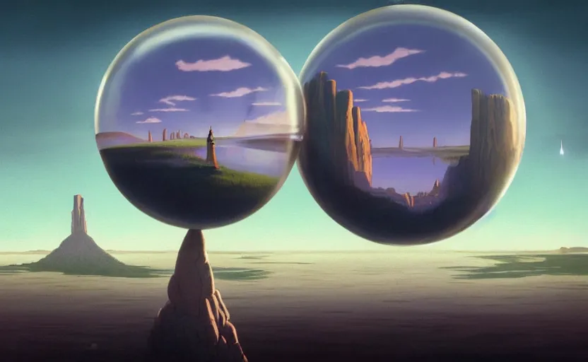 Image similar to a scary hyperrealist painting of a rocketship in a giant transparent forcefield crystal ball from howl's moving castle ( 2 0 0 4 ) in a flooded monument valley stonehenge jungle. depth perception, 4 k, artstation, in the style of studio ghibli