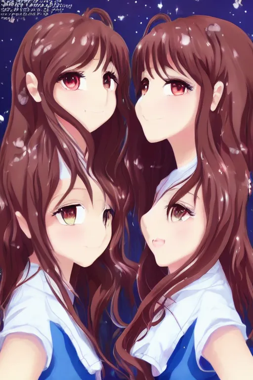 Prompt: two identical beautiful female idols standing face to face, detailed anime art