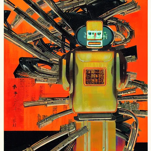 Image similar to a fully wired neon robot at fushimi inari taisha, oil on canvas hanafuda by dave mckean, ivan shishkin and james jean