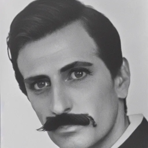 Prompt: photo of a dark haired man with long face, dark brown eyes and eyelashes, moustache, long nose, stubble