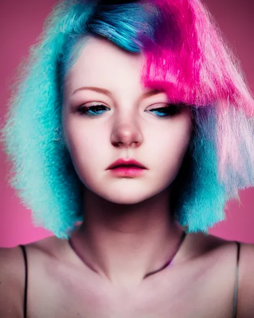 Image similar to a dramatic lighting photo of a beautiful young woman with cotton candy hair. moody, melanchonic. with a little bit of cyan and pink