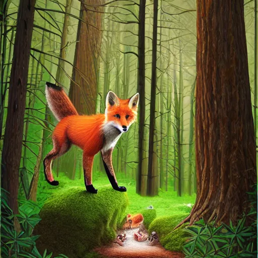 Image similar to a red fox and a ginger teen girl at dark forest where trees are huge, ultra realistic by ori toor and escher