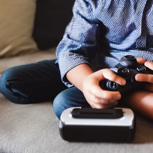 Prompt: man holding baby while playing his game console