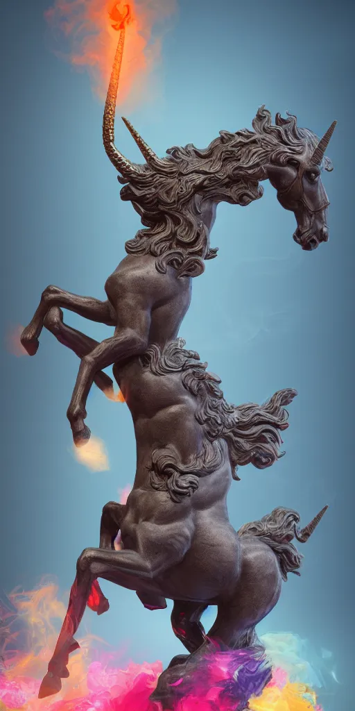 Prompt: a statue of a ramping unicorn sourrounding by a colorful smoke, victorian baroque, hyperrealistic, detailed, depth of field, High definition, 8k, depth of field, octane render, artstation