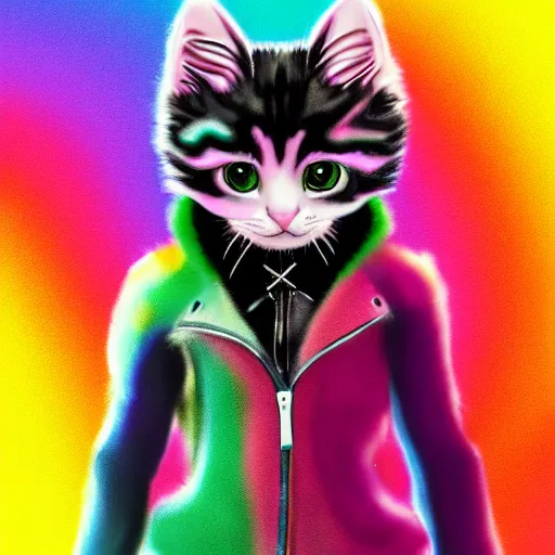 Image similar to wide angle full body, jacket wearing fluffy cute rainbow kitten wearing a black leather motorcycle jacket, riding on a motorcycle, cinematic concept art