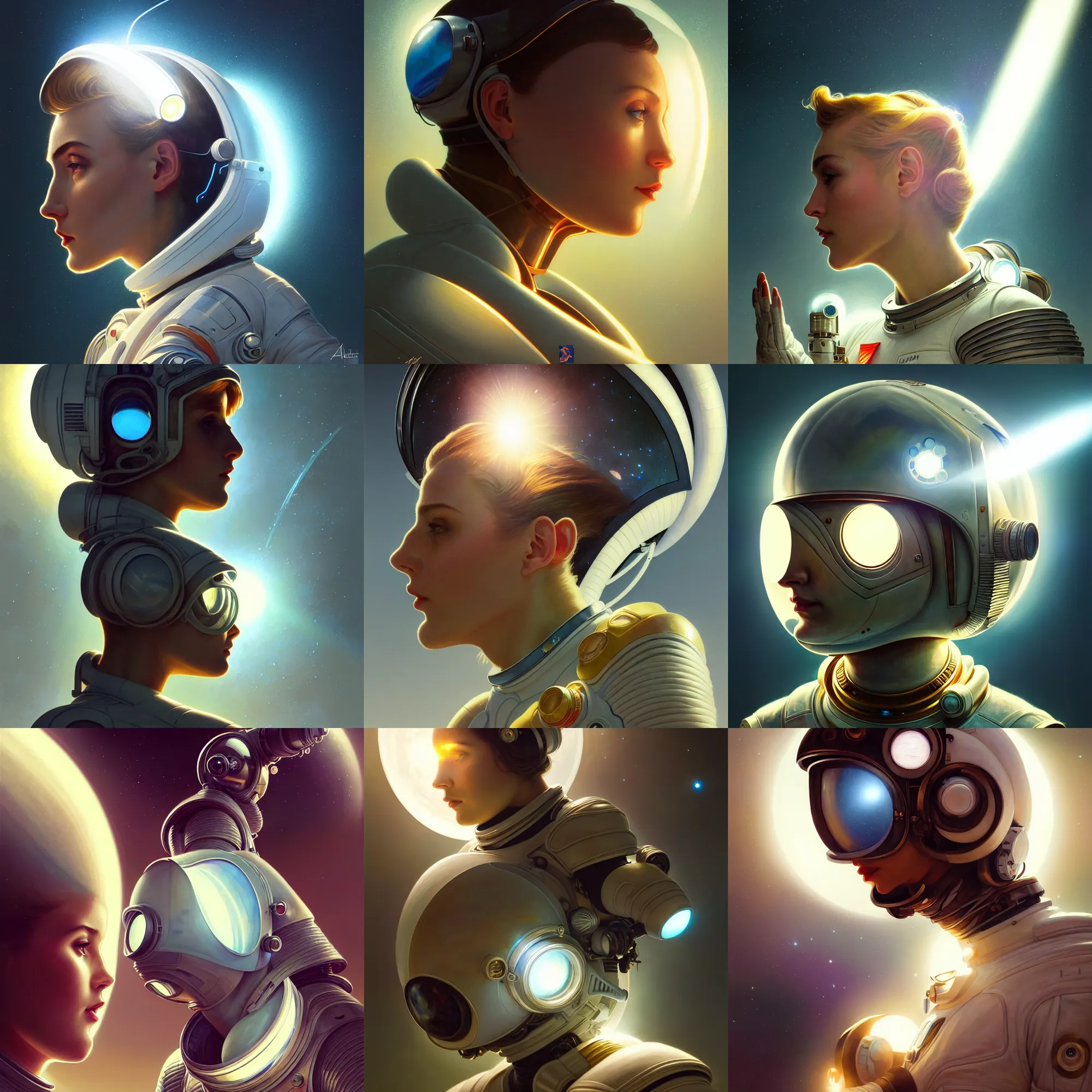 Prompt: profile art of ultra realistic retro futuristic astronaut, lens flare, diffuse lighting, fantasy, intricate, elegant, highly detailed, lifelike, photorealistic, digital painting, artstation, illustration, concept art, smooth, sharp focus, art by John Collier and Albert Aublet and Krenz Cushart and Artem Demura and Alphonse Mucha