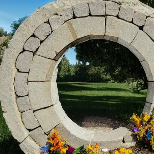 Image similar to 4k HDR circular stone portal | opens to space surrounded by realistic flowers