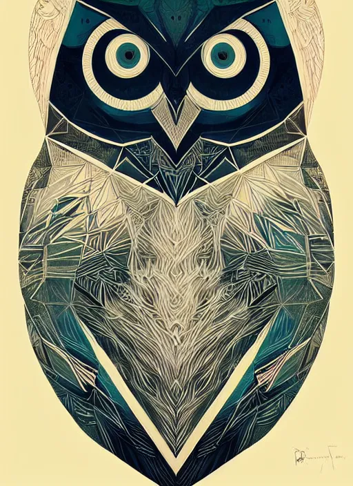 Image similar to portrait of a geometric owl, identical eyes, medium shot, illustration, full body made of white feathers, symmetrical, art stand, super detailed, cinematic lighting, and its detailed and intricate, gorgeous, by peter mohrbacher