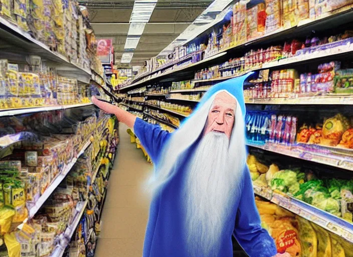 Image similar to digital art of Gandalf wearing wizard hat, stacking supermarket shelves, depressing, sad