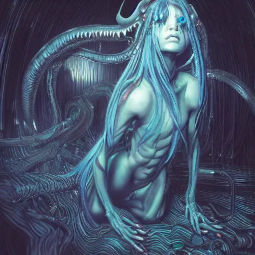 Image similar to hatsune miku xenomorph chimera lurking in dark room, wet dripping, blue long hair, designed by h. r. giger, highly intricate detailed 8 k ultrarealistic octane render by artgerm and rutkowski and beksinski and mucha