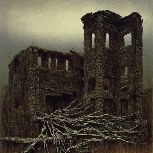 Prompt: a old town ruin made out of branches and bones, painted by beksinski, dark, moody, midnight