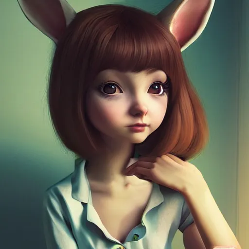 Image similar to little bunny anthropomorphic girl in pajama. digital artwork made by ilya kuvshinov, inspired by zootopia and balthus, highly detailed, realistic,