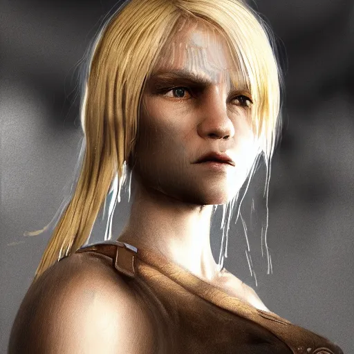 Image similar to legendary blond female warrior, shallow depth of field, moody lighting, 8 k, concept art,