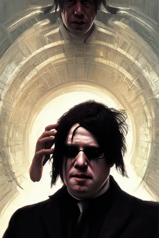 Image similar to Boris Johnson as Neo from Matrix, black shades, realistic portrait, symmetrical, highly detailed, digital painting, artstation, concept art, smooth, sharp focus, illustration, cinematic lighting, art by artgerm and greg rutkowski and alphonse mucha