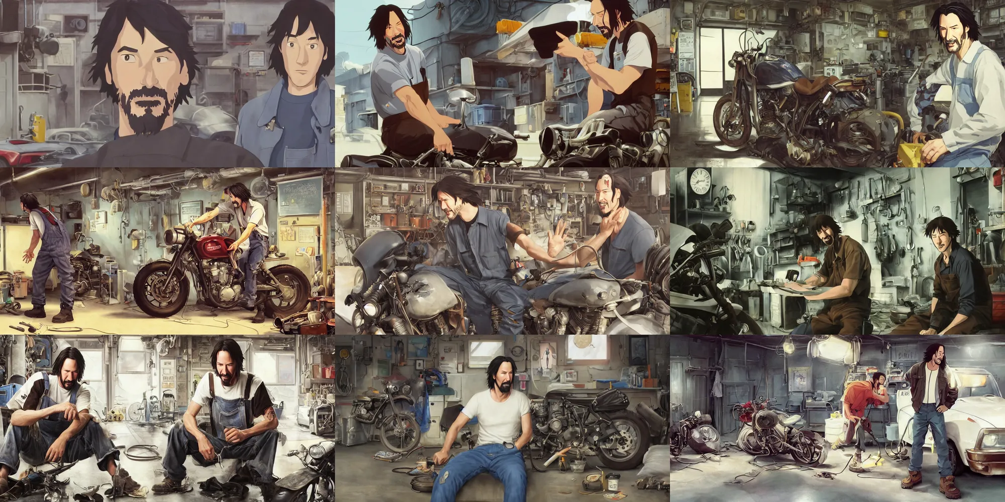 Prompt: a wholesome animation key shot of keanu reeves as an auto mechanic, dressed in an oily pair of torn overalls, white t - shirt and brown boots repairing the tires of a motorcycle in the workshop garage, medium shot, waist up, studio ghibli, pixar and disney animation, sharp, rendered in unreal engine 5, anime key art by greg rutkowski, bloom, dramatic lighting