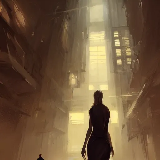 Image similar to concept art by greg rutkowski, a very tall, and slender woman with blond hair, talking with a very tall and slender mand with short black hair, brutalist futuristic interior, dark lighting atmosphere, detailed portraits, nostalgic atmosphere, scifi, digital painting, artstation, concept art, smooth, sharp foccus ilustration, artstation hq