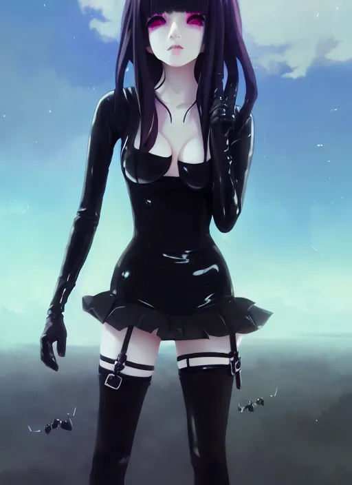 Prompt: portrait of cute goth girl in latex clothes, cloudy sky background lush landscape illustration concept art anime key visual trending pixiv fanbox by wlop and greg rutkowski and makoto shinkai and studio ghibli and kioto animation