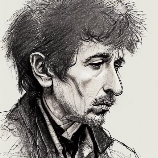 Image similar to a realistic yet scraggly portrait sketch of the side profile of a stern and sophisticated bob dylan, trending on artstation, intricate details, in the style of frank auerbach, in the style of sergio aragones, in the style of martin ansin, in the style of david aja, in the style of mattias adolfsson