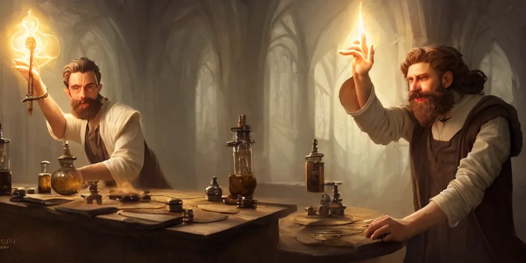 Image similar to a handsome bearded white male sorcerer with brown hair he is casting a spell from his hands, he is in a alchemist workshop filled with beakers and equipment, neutral pose, sharp focus, waist up, 4 k, by greg rutkowski, rudy siswanto and anna podedworna