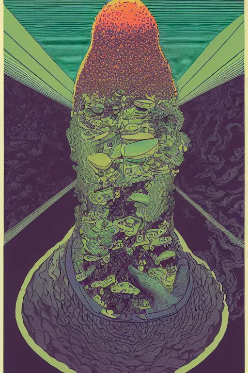 Prompt: a tab of LSD acid on his tongue and surreal psychedelic hallucinations, screenprint by kawase hasui, moebius and dan hillier, colorful flat surreal design, hd, 8k, artstation