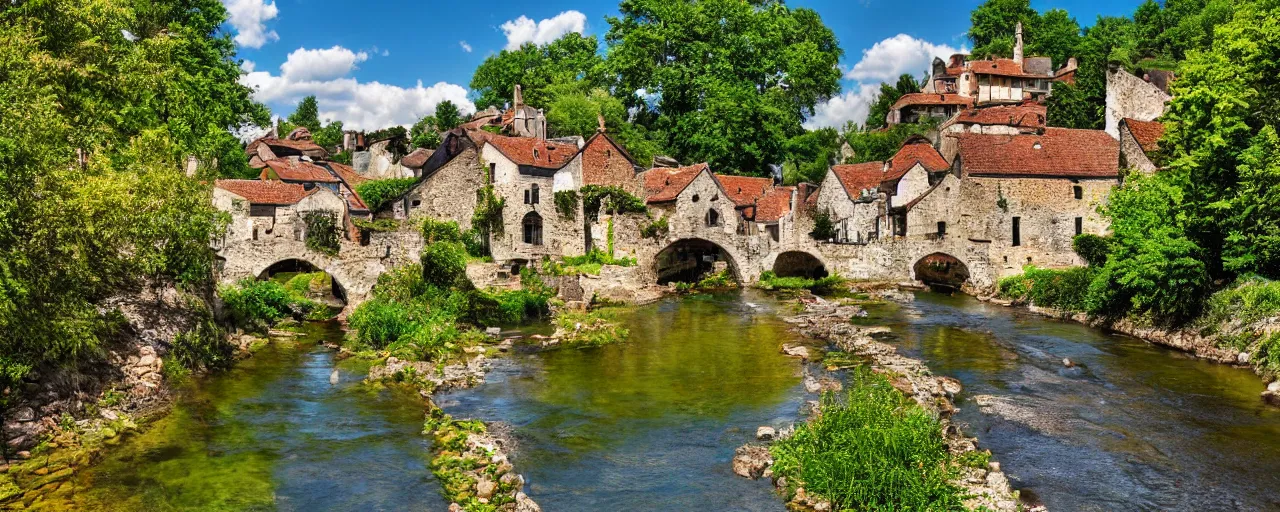 Prompt: a river running through a medieval village, summer, beautiful colors, wide-angle photograph, award winning, highly detailed