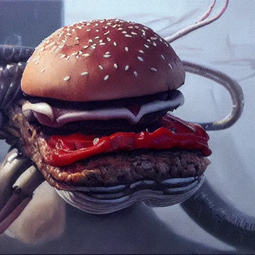 Image similar to hyper realistic hamburger as a xenomorph, painted by greg rutkowski, unreal engine, pixar,