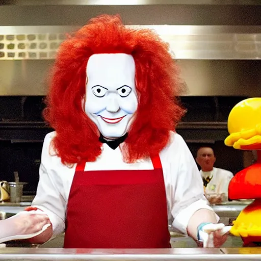 Prompt: Picture from Top Chef Season 99 - Ronald Mcdonald at Judge's Table