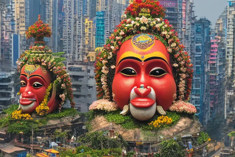 Image similar to high quality 3 d flowerpunk biomorphic hanuman head building in the middle of mumbai!!, kalighat highly detailed, cinematic smooth, stephen shore & john j. park, soft morning light, wide shot, high angle, uhd 8 k, deep focus