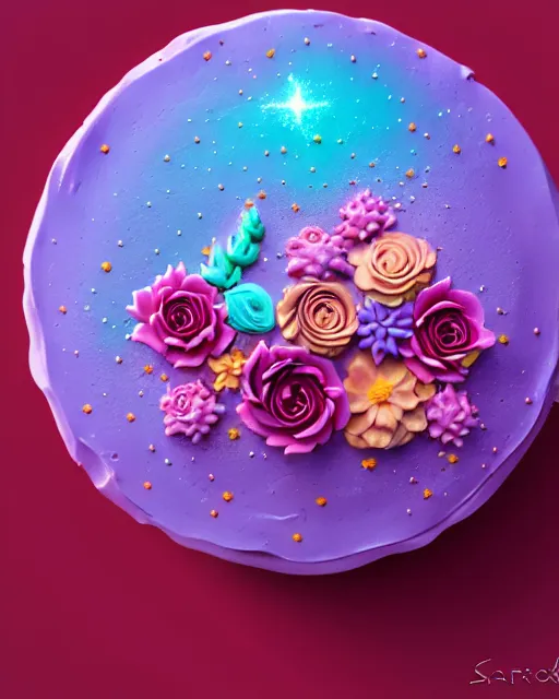 Image similar to supernova chocolate cake with decorative icing flowers, dripping fondant frosting, sparkling, cosmic cake, sylvain sarrailh, artstation