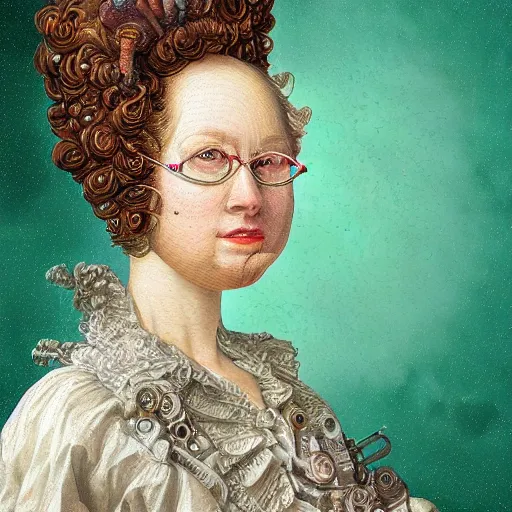 Prompt: deepdream portrait of a female scientist who is also a robot, rococo style