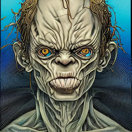 Image similar to portrait of gollum, symmetrical, by yoichi hatakenaka, masamune shirow, josan gonzales and dan mumford, ayami kojima, takato yamamoto, barclay shaw, karol bak, yukito kishiro