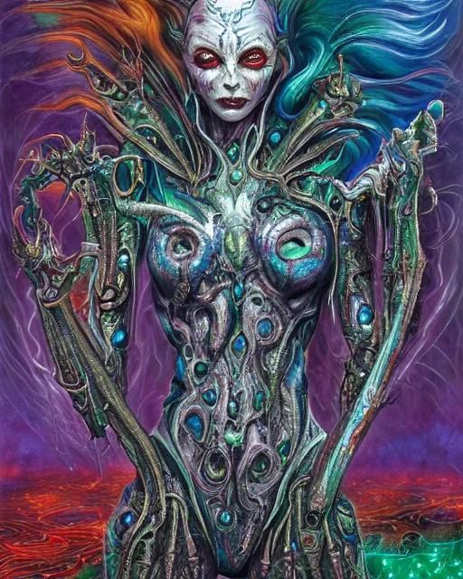 Prompt: silver mechanical charred bloody fleshmetal cyborg daemonhost woman psychedelic flamer of tzeentch with extra arms, blue and green rainbow fire, by antonio j. manzanedo, alex grey, android jones, wayne barlowe, philippe druillet, josephine wall, harumi hironaka, cronenburg, trending on artstation