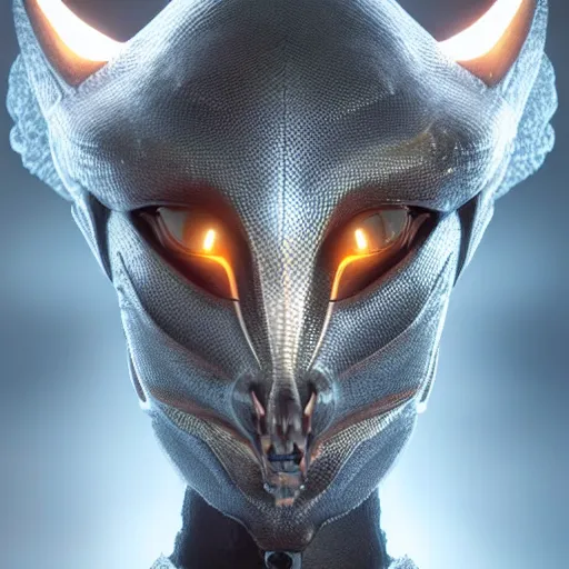 Image similar to stunning headshot of a beautiful anthropomorphic robot female dragon, with smooth and streamlined armor, standing and posing elegantly, well detailed dragon head with epic detailed LED eyes maw, sharp and dangerous sleek design, two arms, beautiful digital art, artstation, DeviantArt, FurAffinity, professional, depth of field, close-up, hd, octane render, sunset lighting