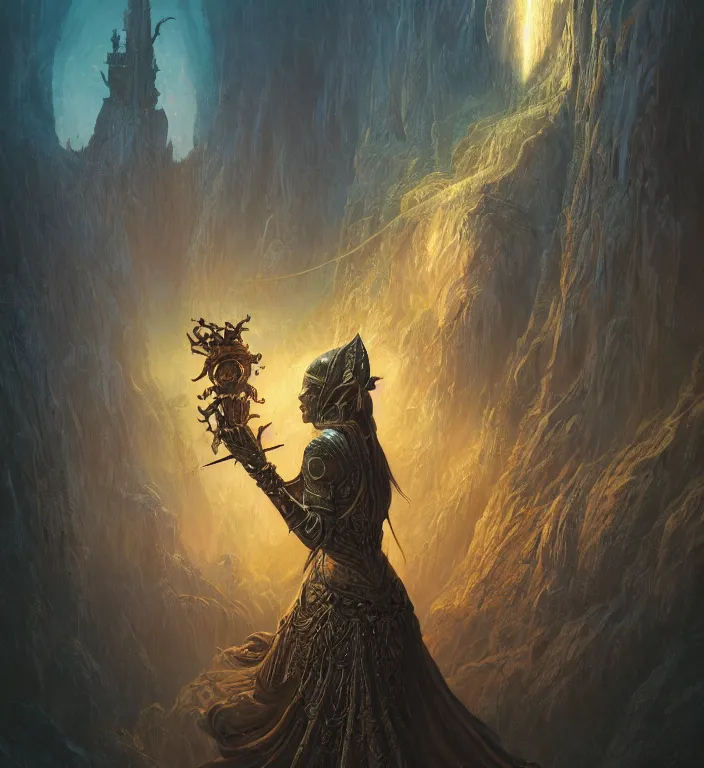 Prompt: a majestic matte painting, Illustration, centered Intricate portrait of a goddess, tarot card, dark souls colour scheme, luminal, smooth, high detailed, kerem beyit, Karol Bak, Chris Cold, james gurney, dan mumford, featured on artstation, instagram HD