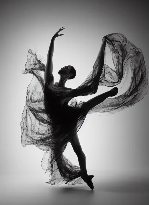 Image similar to a Photorealistic dramatic hyperrealistic render of a glamorous beautiful Female smoke dancer by Ken Brower and Deborah Ory of NYC Dance project,Lois Greenfield,Flowing cloth and smoke,Beautiful dynamic dramatic dark moody lighting,volumetric,shadows,cinematic atmosphere,Octane render,8K