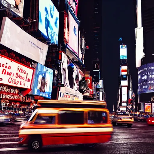 Image similar to a tuk tuk in Times Square at night, luxurious, elegant, highly detailed, award winning photography, moody, dramatic lighting, cinematic, matte painting, concept art, 4k