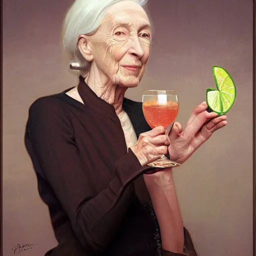 Image similar to portrait painting of jane goodall toasting with a martini, ultra realistic, concept art, intricate details, serious, highly detailed, photorealistic, octane render, 8 k, unreal engine. art by artgerm and greg rutk owski and alphonse mucha