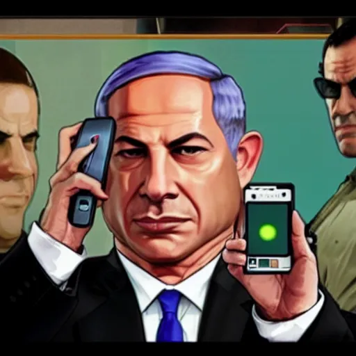 Prompt: GTA V loading screen depicting Benjamin Netanyahu holding a phone and doing a peace sign, hot babes in the background, highly detailed