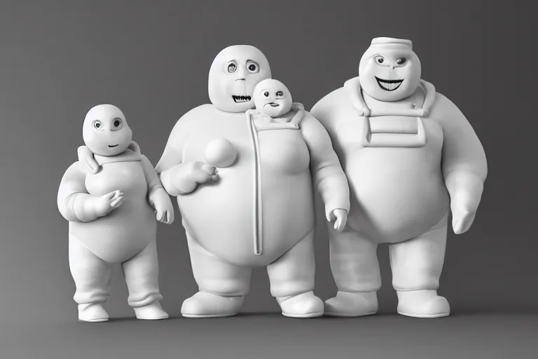 Image similar to a porcelain model, family portrait of Michelin Man, Bibendum family portrait, sculpture, photograph, studio lighting, product photography, pottery, figurine, octane render